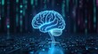 © Leonardo - Cerebro de estructura alámbrica sin rostro que brilla sobre circuitos electrónicos desenfocados y código binario en cascada