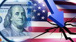 © Grispb - Economic analysis illustrates declining US financial stability with falling market indicator, cracked surface symbolism, and currency pressure affecting national economy.