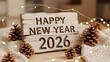 © Graphicraft - Happy new year 2026 design with wood sign with pine cones and string lights decoration on blanket