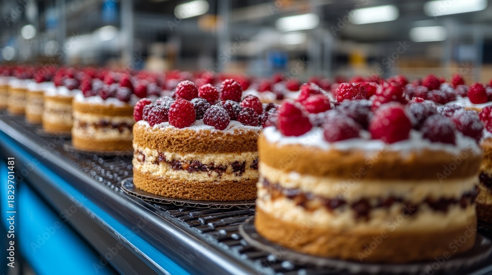 Cakes Rashberry Rows of raspberry cakes shine under bakery lights, with layers of cream ...