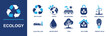 © Ella - Ecology icon set. Containing recycling, earth, solar panel, eco bag, wind turbine, electric car, water drop, trees, eco home and energy bulb for green projects, campaigns and more. Solid vector icons