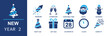 © Ella - New Year icon set. Containing firework, champagne, Christmas tree, Santa, snowman, party hat, gift box, calendar date, clocks, confetti for festive designs and more. Solid vector icons. Holiday cards