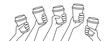 © Design Point - Line art illustration of hands holding disposable coffee cups in a toast, symbolizing celebration, unity, coffee break, camaraderie, and shared joy.