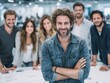 © alsu0112 - Confident man with beard stands in front of diverse team in modern office, showcasing collaboration and teamwork in a startup environment with bright lighting