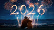 © Athiphat - Man and dog hugging while watching fireworks forming 2026 above cityscape at night, joyful and emotional celebration, festive atmosphere, companionship, happiness, new year
