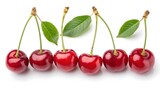 Collection of cherries cut out isolated on white background with shadow. AI generated.