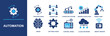 © Ella - Automation icon set. Containing process gear, workflow, conveyor line, growth data, robot arm, brain, settings gear, control panel, cloud network, smart sensor and more for IoT AI. Solid vector icons