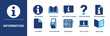 © Ella - Information icon set. Containing info symbol, open book, speech bubble, question mark, info document, kiosk, newspaper, laptop, brochure, document, guidance, help desk, updates and more. Solid vector
