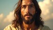 © Viktor - Jesus Christ close up portrait with kind serene face long hair beard. Gazes upwards with hope faith devotion towards bright blue sky. Heavenly golden light illuminates divine presence offering
