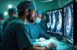 © Viktor - Doctor in blue scrubs carefully examines medical screens in operating room. Team of surgeons watches internal organ scan, performing tech surgery. Medical professionals execute complex diagnostic