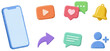 © dailystock - 3D rendered collection of social media and mobile application icons including phone, play, like, comment, notification, share, message, and add friend.