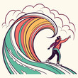 © Minul - Person surfing on a large colorful wave with stylized clouds in the background ocean water