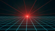 © Ahmad - Perspective view of a glowing red light source with grid and laser beams in a dark background