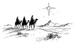 © Kaz - Hand drawn sketch of three wise men riding camels following the guiding star vector illustration of biblical nativity scene