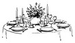 © Kaz - Hand-drawn vector sketch of an elegant dining table set with plates glasses candles and a floral centerpiece for a romantic dinner or celebration