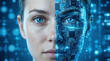 © Hiskia - Futuristic portrait concept of a woman's face split half human and half AI cyborg robot with glowing blue circuit board details. Concept of transhumanism, digital transformation, and future technology