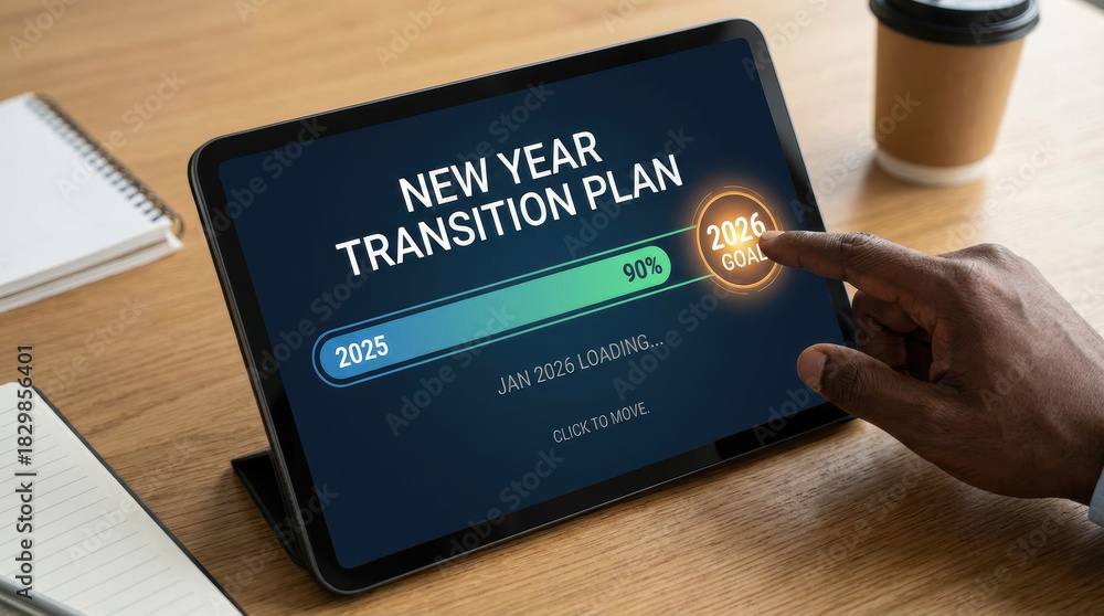 New year transition plan showing progress bar toward 2026 goal with ...
