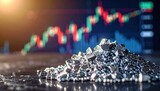 Shiny metal nugget pile on trading desk in front of rising chart symbol of commodity boom mining investment and market volatility