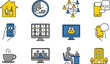© Ideasy Mind - Work from home icons, remote work vector set, online meeting symbols, digital communication illustrations, office building and coffee cup, for freelancer lifestyle design