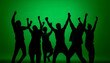 © Oleksiy - Black silhouettes of a group of people cheerfully celebrate their victory against a green chroma key background. Minimalist contrast and modern visual composition, mockup.