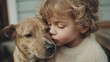 © CYBERPINK - Young child with curly blonde hair, wearing a white sweater, hugging a brown dog. the child is leaning in to kiss the dog's nose, with their eyes closed and their mouth slightly open.