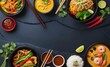 © Rukshana - Top view of various delicious thai food dishes like noodle soup curry and rice served on dark slate background with copy space for text