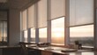 © CYBERPINK - Office space with a large window that offers a beautiful view of the sunrise or sunset. the window is covered with white roller blinds that are open, allowing natural light to enter the room.