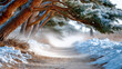 ©  VladaToday - Snowy forest path with sideways blowing snow in winter blizzard walking through trees