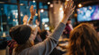 © Kateryna - Defocused group at trivia night competition in lounge faceless passengers participating interactive entertainment social activities team building games evening fun with copy