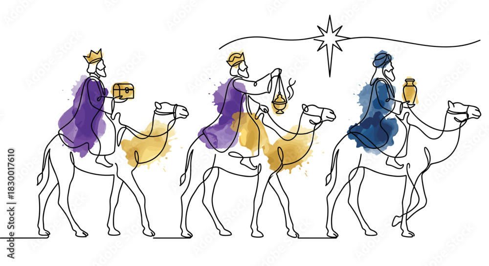 Three Wise Men on Camels Following Star of Bethlehem. Nativity Scene ...