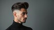 © Viktor - Profile of handsome man with modern stylish haircut. Young brunette model trendy fade hairstyle from barbershop. Male with beard, perfect hair poses for salon. Grooming, coiffure, male beauty concept