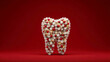 © yana136 - Merry Christmas and Happy New Year card for a dental clinic. A tooth made of white fir branches and baubles on a red background with space for text. Christmas tree stomatology