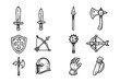 © Bogdan - Hand-drawn doodle icons of medieval weapons, armor, and knights — stock vector.