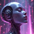 © Maryna - Futuristic robot woman face with metallic head and wires. Female android with closed eyes in purple and pink neon light. Cybernetic organism with visible tech inside head and neck.