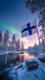 Celebrating Finnish Independence Day with the flag over a frozen lake at dawn