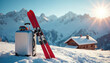 © Maryna - Red skis and luggage sit in snow near mountain cabin on ski resort. Goggles lie on suitcase. Sun shines. Vacation trip start preparation in winter wonderland landscape with mountain peaks.
