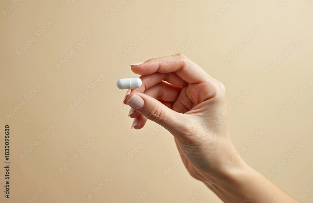 Female hand holds white pill on beige background. Medicine capsule between fingers closeup. Healthcare concept. Woman take vitamin. Medical drug tablet. Pharmacy industry product. Painkiller