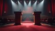 © Maryna - Grand stage set for crucial presidential debate. Two wooden podiums with microphones stand before large American flag. Vibrant red carpet leads to speaker positions in empty auditorium under intense