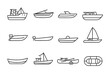 © Viacheslav - Fishing Boat Icons. Fishing boats. Line icon set of fishing boats: trawler boat, rowboat, motorboat, catamaran, dinghy, skiff, open hull, sailboat, drift boat,