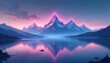 © Maryna - Bright neon pink glowing mountain peaks reflect in calm blue lake water. Vibrant purple, pink sky at sunset paints beautiful colors. Digital modern art nature landscape. Fantasy serene wallpaper