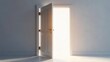 © yuan - Ajar white door radiating bright light, opening into an unknown, illuminated space