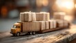 © Anuson - Miniature toy truck carrying stacked parcels wrapped in brown paper and twine, resting on a rustic wooden surface in warm, inviting sunlight.