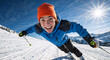 © Milan - Happy young man skiing on a sunny winter day. Wide angle selfie of a cheerful male skier smiling at the camera on a mountain slope. Winter sport and active lifestyle concept