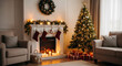 © Saeed - Festive living room with fireplace decorated Christmas tree and stockings cozy holiday interior design for family celebrations