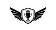 © Saimun - Black silhouette of a champion's emblem featuring a trophy cup with a crown on a shield, flanked by a pair of large wings.