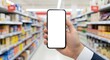 © NOVRIN - Close-up shot of hand holding smartphone with blank white screen in a supermarket aisle, product placement for shopping apps