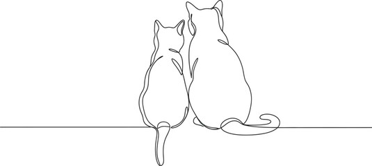 Naklejka na meble Continuous line art drawing of two domestic cats sitting together, viewed from behind, embodying companionship and simple elegance on a clean background Vector