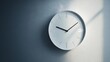 © Chaikit - Pristine white-faced minimalist wall clock with slender black hour and minute hands showing 8:00, mounted on matte light gray wall, soft natural light casting subtle shadow, complete absence of