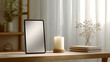 © CinimaticWorks - minimal home interior with silver tablet blank screen on wooden shelf illuminated by soft daylight
