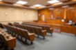 © Romi - Defocused Background of Modern Courthouse Interior with Wooden Elements and Empty Seating in a Well-Lit Courtroom Setting. Blurred Background Photo.